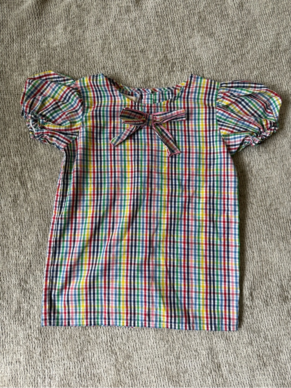 The Beaufort Bonnet Company Girls Rainbow Plaid Puff Sleeve Bow Top Size 8